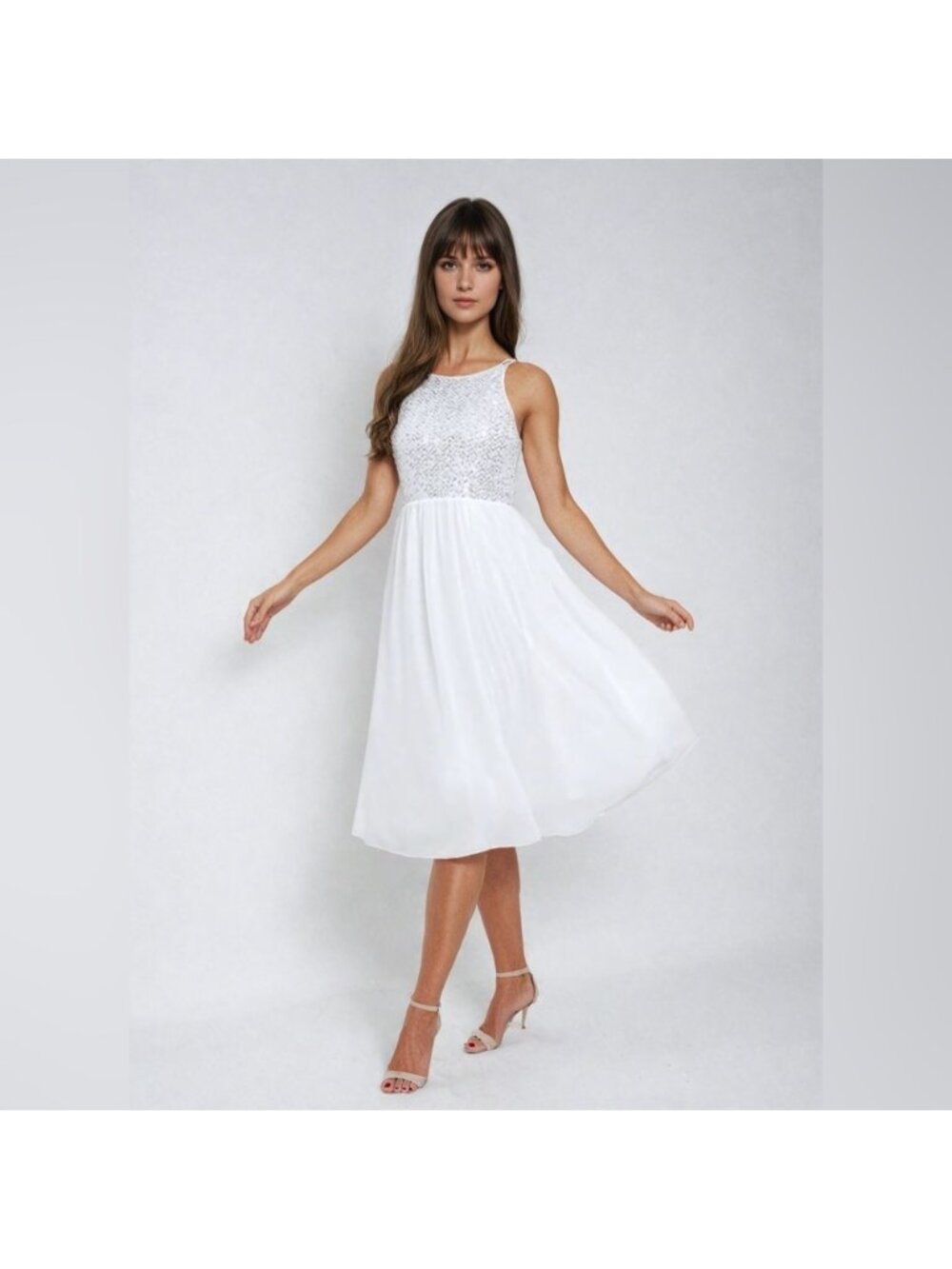 White French Contrast Sequin Chiffon Cami Dress